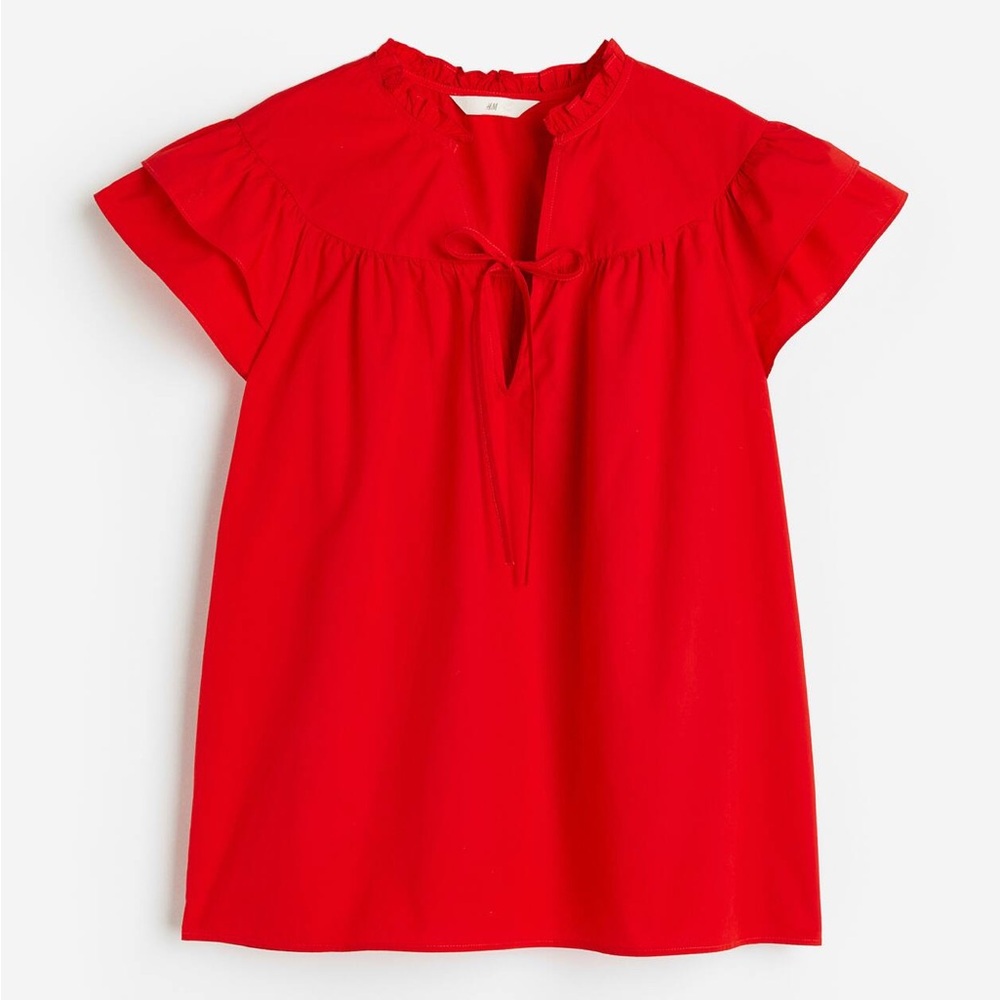 H&M Red Ruffle Tie-Neck Short Sleeve Blouse